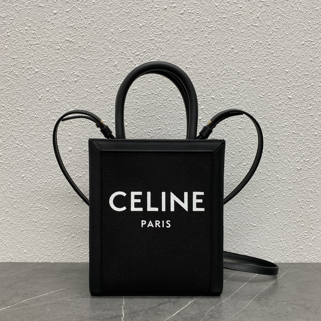 Celine Mini Vertical Cabas In Triomphe Canvas And Calfskin With Celine Print Black 193302